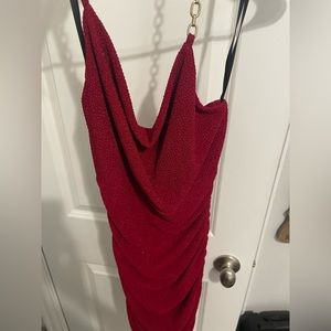 Red bodycon dress with gold chain halter